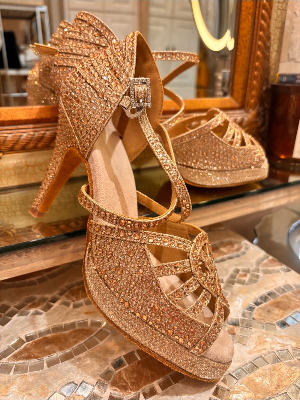 Gold Crystal-Strap platform sued sole Dress Heels